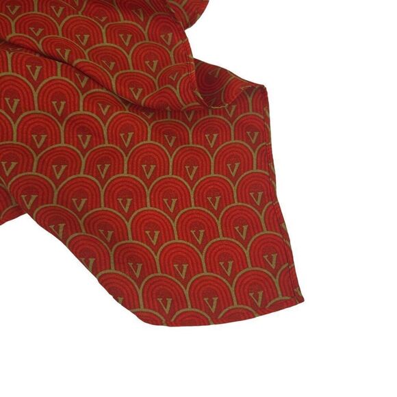 Vintage Valentino Orange Red Gold Scarf V Scallop Design Logo Square Polyester - Picture 3 of 4